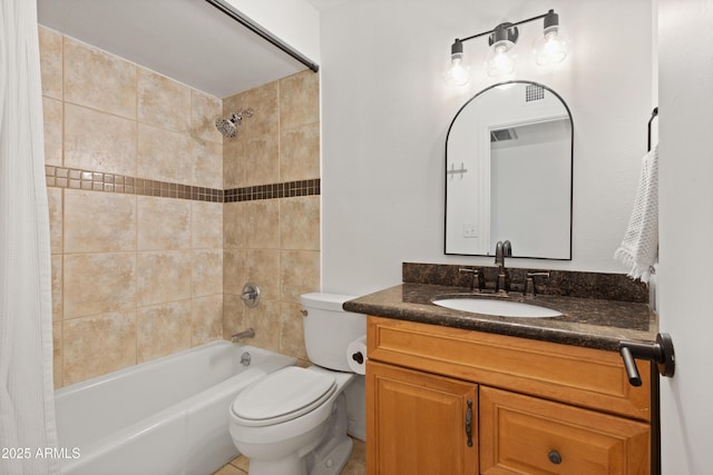 full bathroom featuring toilet, vanity, and shower / bathtub combination with curtain