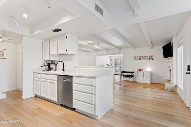 kitchen featuring white cabinets, light wood-type flooring, stainless steel dishwasher, and sink