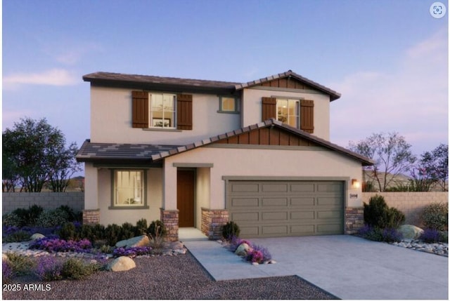 traditional home with stucco siding, fence, concrete driveway, a garage, and a tiled roof