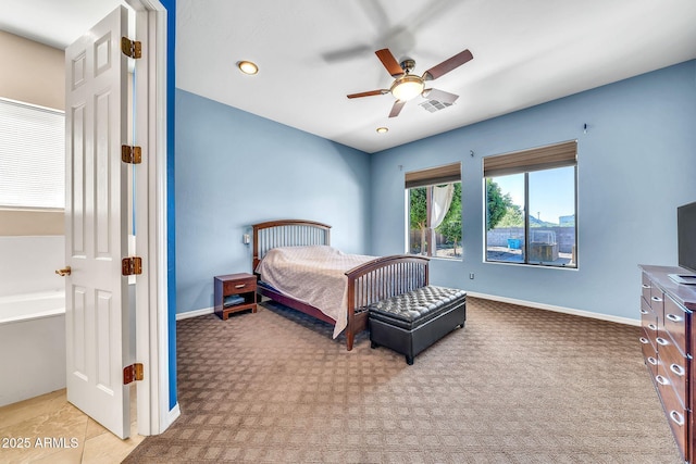 747 E Meadow Ln, Phoenix, AZ 85022 - bedroom featuring baseboards, light colored carpet, ceiling fan, and visible vents