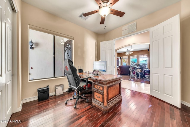 747 E Meadow Ln, Phoenix, AZ 85022 - office area featuring a ceiling fan, visible vents, and dark wood finished floors