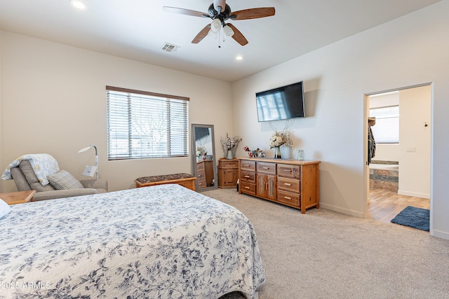 bedroom featuring baseboards, visible vents, a ceiling fan, light colored carpet, and recessed lighting