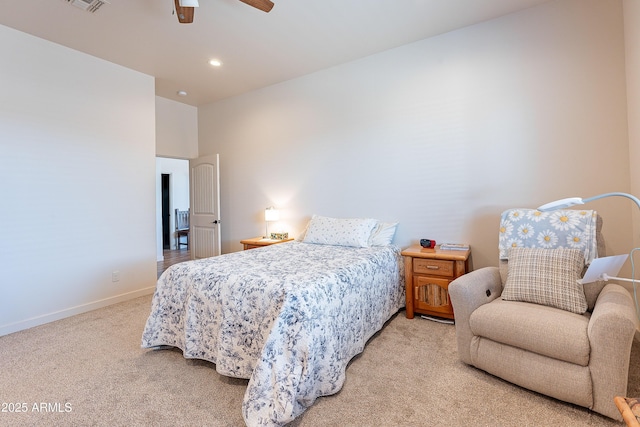 carpeted bedroom featuring a ceiling fan, recessed lighting, and baseboards