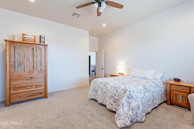 bedroom with light carpet, baseboards, visible vents, a ceiling fan, and recessed lighting