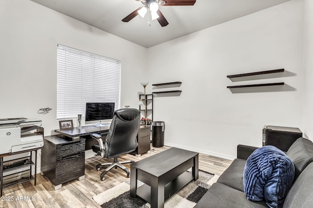 office area featuring ceiling fan and light hardwood / wood-style floors