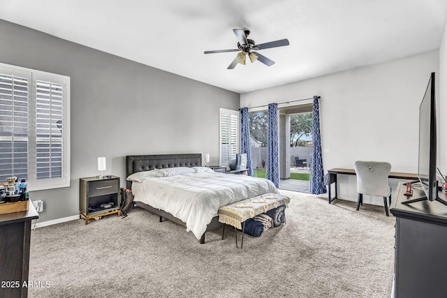 bedroom featuring carpet floors, ceiling fan, and access to outside