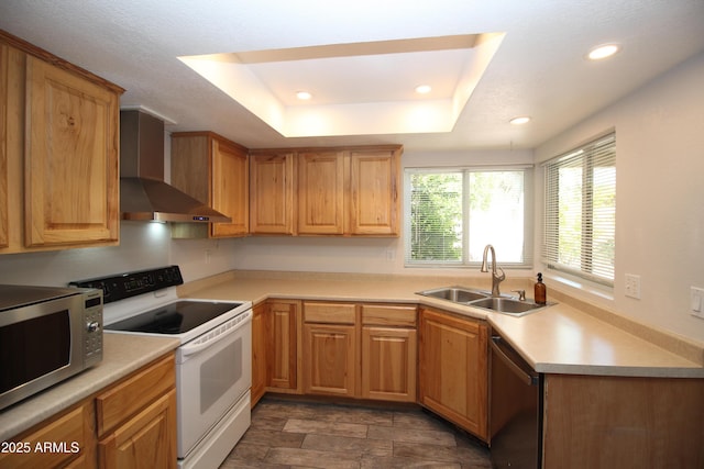 3030 S Rogers, Mesa, AZ 85202 - kitchen with wall chimney range hood, stainless steel appliances, a sink, recessed lighting, and a raised ceiling