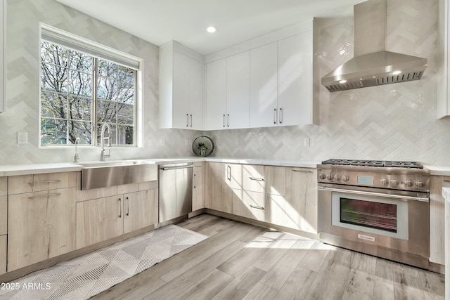 kitchen featuring light wood finished floors, wall chimney exhaust hood, stainless steel appliances, light countertops, and a sink