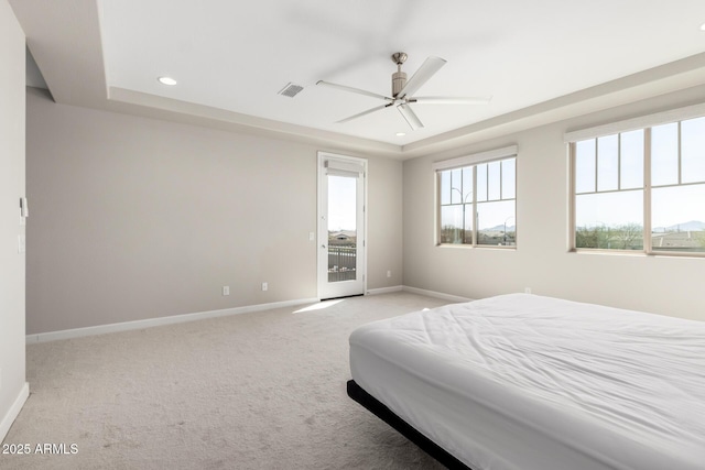 bedroom featuring recessed lighting, baseboards, visible vents, and light colored carpet