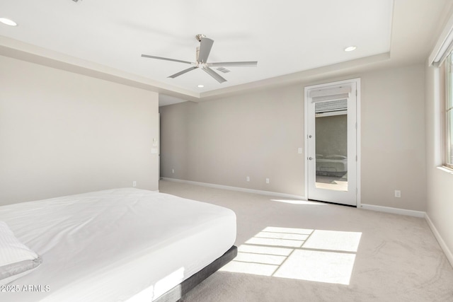 bedroom featuring light carpet, ceiling fan, baseboards, and recessed lighting