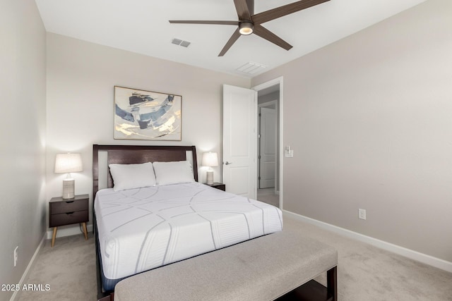 bedroom with light carpet, a ceiling fan, visible vents, and baseboards