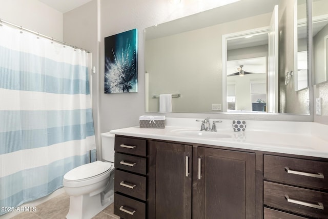 full bath with vanity, tile patterned flooring, toilet, and a shower with curtain