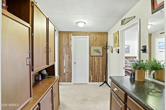 hallway with a textured ceiling, light carpet, and wooden walls