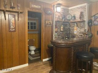 bar featuring wooden walls and wood finished floors