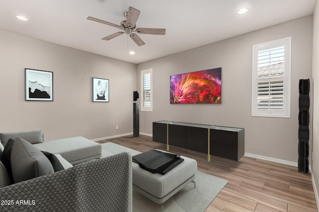 10307 E Tiburon Ave, Mesa, AZ 85212 - living area featuring a ceiling fan, baseboards, recessed lighting, and light wood-style flooring