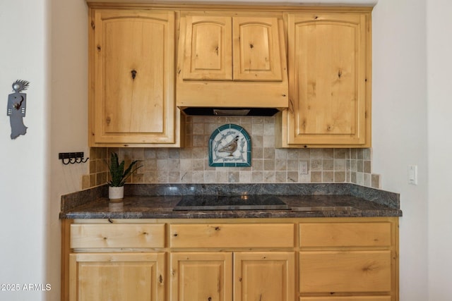 148 N La Barge Rd, Apache Junction, AZ 85119 - kitchen featuring black electric cooktop, light brown cabinetry, backsplash, and under cabinet range hood