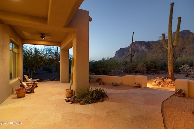 148 N La Barge Rd, Apache Junction, AZ 85119 - view of patio / terrace with ceiling fan and a mountain view