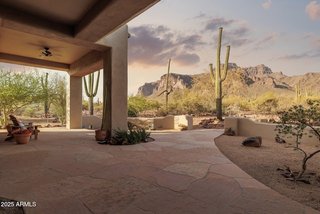 148 N La Barge Rd, Apache Junction, AZ 85119 - view of patio / terrace with ceiling fan and a mountain view
