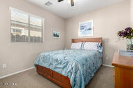 bedroom with baseboards, ceiling fan, and carpet