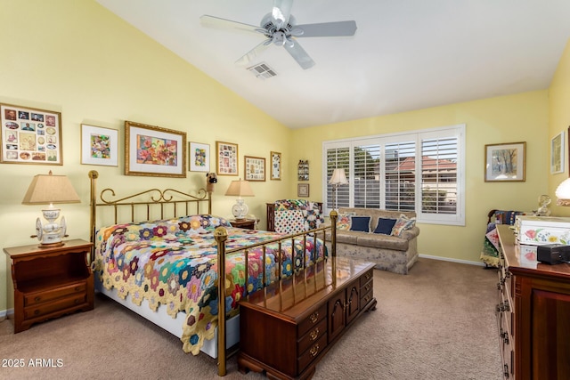 carpeted bedroom featuring ceiling fan and lofted ceiling