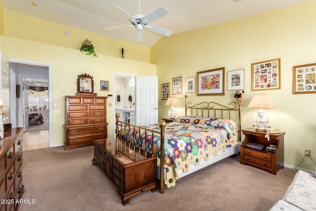 bedroom featuring light colored carpet, ceiling fan, and lofted ceiling