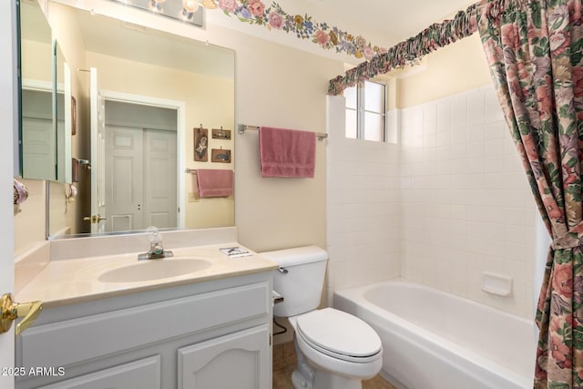 full bathroom featuring vanity, toilet, and shower / bathtub combination with curtain