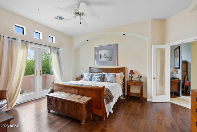 bedroom with access to outside, ceiling fan, dark wood-type flooring, and french doors