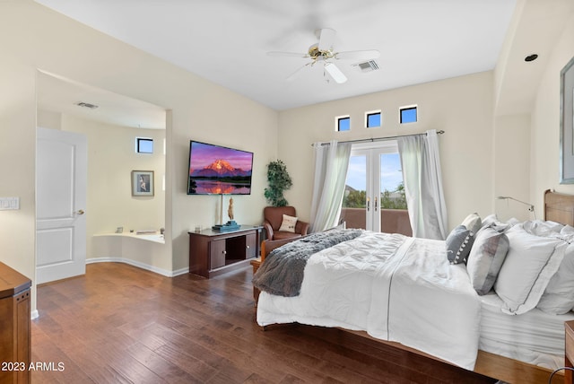 bedroom featuring ceiling fan, dark wood-type flooring, french doors, and access to exterior