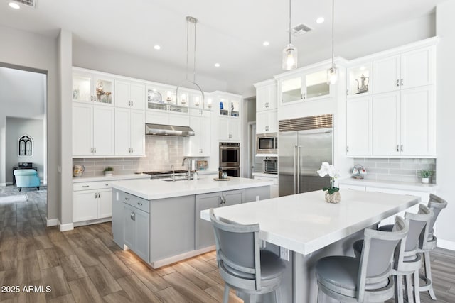 2630 E Lovebird Ln, Gilbert, AZ 85297 - kitchen featuring built in appliances, a kitchen island with sink, under cabinet range hood, decorative backsplash, and recessed lighting