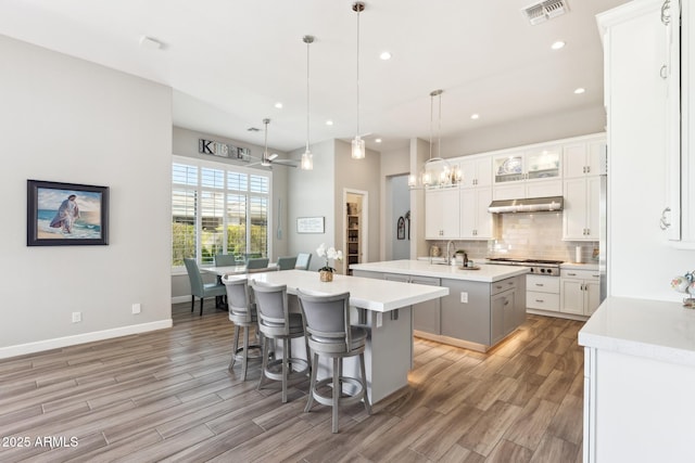2630 E Lovebird Ln, Gilbert, AZ 85297 - kitchen featuring a center island with sink, stainless steel gas stovetop, under cabinet range hood, light wood-style floors, and recessed lighting