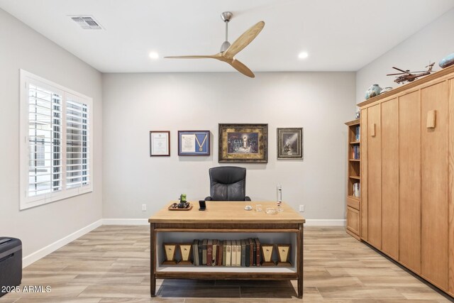 2630 E Lovebird Ln, Gilbert, AZ 85297 - office area featuring a ceiling fan, light wood-style flooring, and recessed lighting