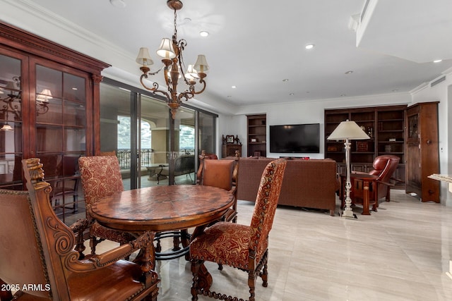 dining area featuring crown molding, a notable chandelier, french doors, and recessed lighting