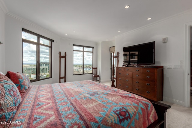 bedroom with recessed lighting, baseboards, light carpet, and crown molding