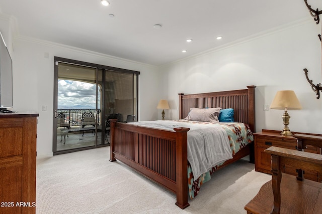 bedroom featuring access to exterior, recessed lighting, light colored carpet, and ornamental molding