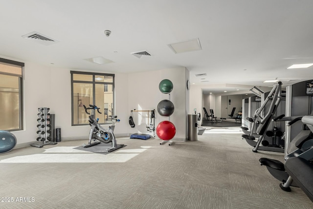 workout area featuring visible vents, baseboards, and carpet floors