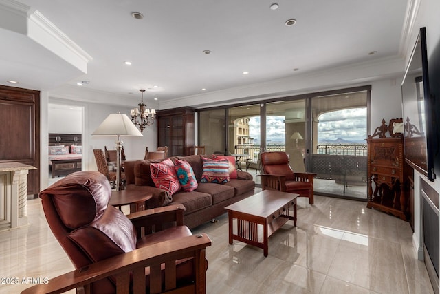 living room featuring recessed lighting, an inviting chandelier, and ornamental molding