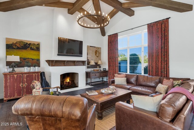 living room with high vaulted ceiling, wood-type flooring, a notable chandelier, and beamed ceiling