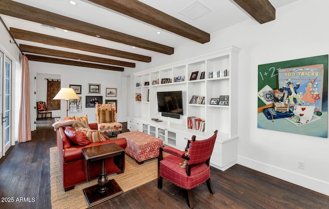 living room featuring dark hardwood / wood-style floors and beamed ceiling