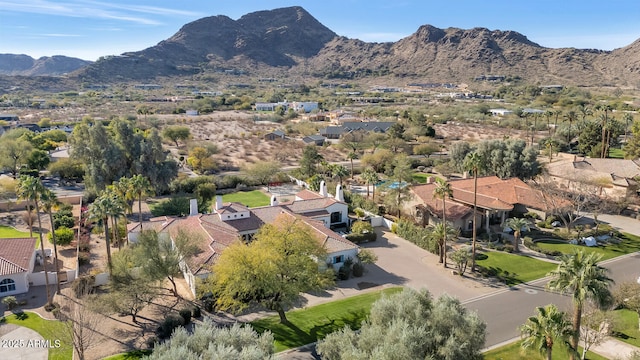 drone / aerial view featuring a mountain view