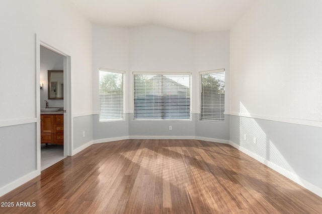 spare room featuring wood-type flooring, vaulted ceiling, a healthy amount of sunlight, and sink