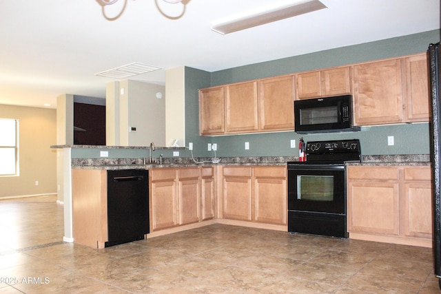 kitchen with sink, light brown cabinets, and black appliances
