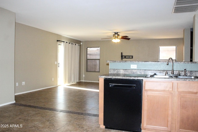 kitchen featuring sink, ceiling fan, dishwasher, and light brown cabinets