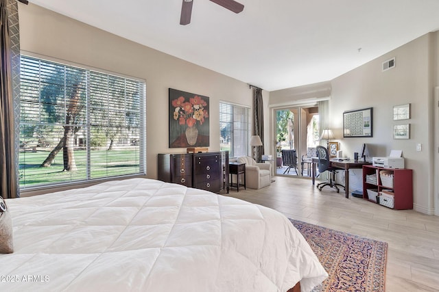 bedroom featuring ceiling fan and multiple windows