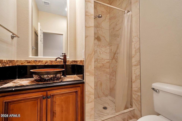 bathroom featuring vanity, toilet, and a shower with shower curtain