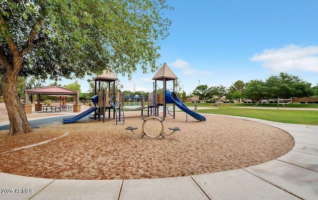 view of playground featuring a gazebo and a lawn