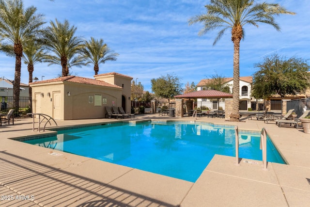 view of pool featuring a gazebo and a patio