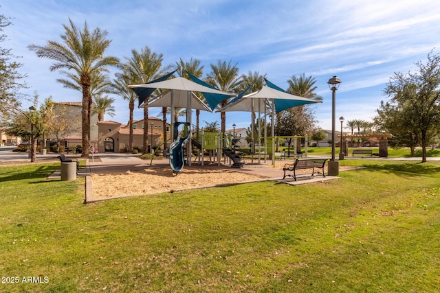 view of jungle gym featuring a yard