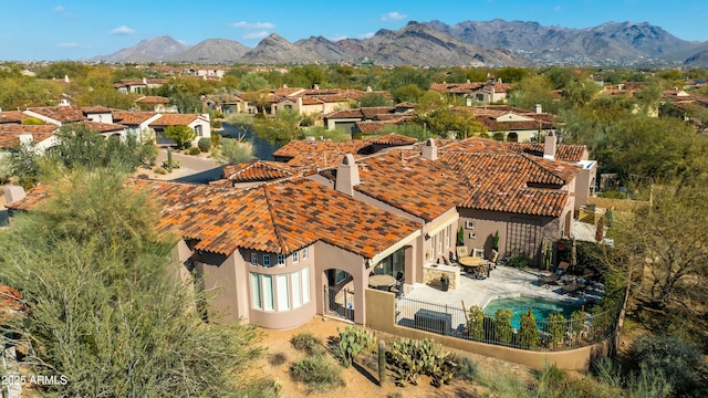 aerial view featuring a residential view and a mountain view