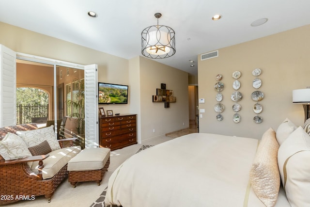 bedroom featuring light colored carpet, access to outside, visible vents, and recessed lighting