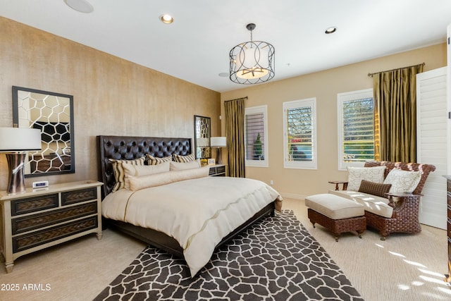 bedroom with light carpet, baseboards, and recessed lighting